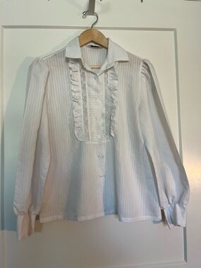 Vtg white ruffle lace Edwardian cottagecore puff sleeves button down shirt Sz M